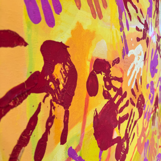 Krebs Illustration Gemälde Handabdrücke Gelb/Orange, 100 × 100 cm