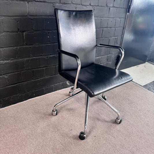 Design Bürostuhl | Echtleder Schwarz | Chrom | Drehstuhl mit Armlehnen