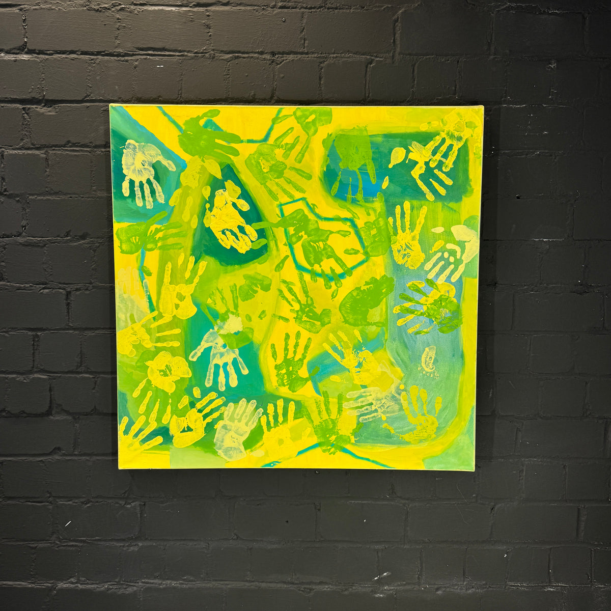 Krebs Illustration Gemälde Handabdrücke Türkis/Grün, 100 × 100 cm