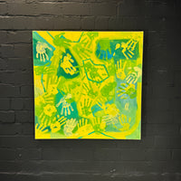 Krebs Illustration Gemälde Handabdrücke Türkis/Grün, 100 × 100 cm