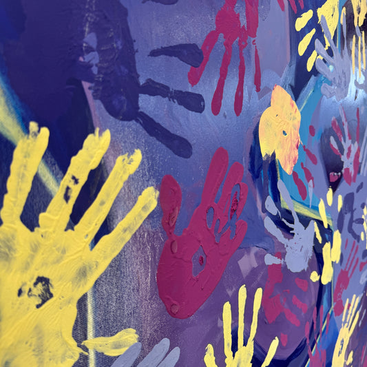 Krebs Illustration Gemälde Handabdrücke Violett/Blau, 100 × 100 cm