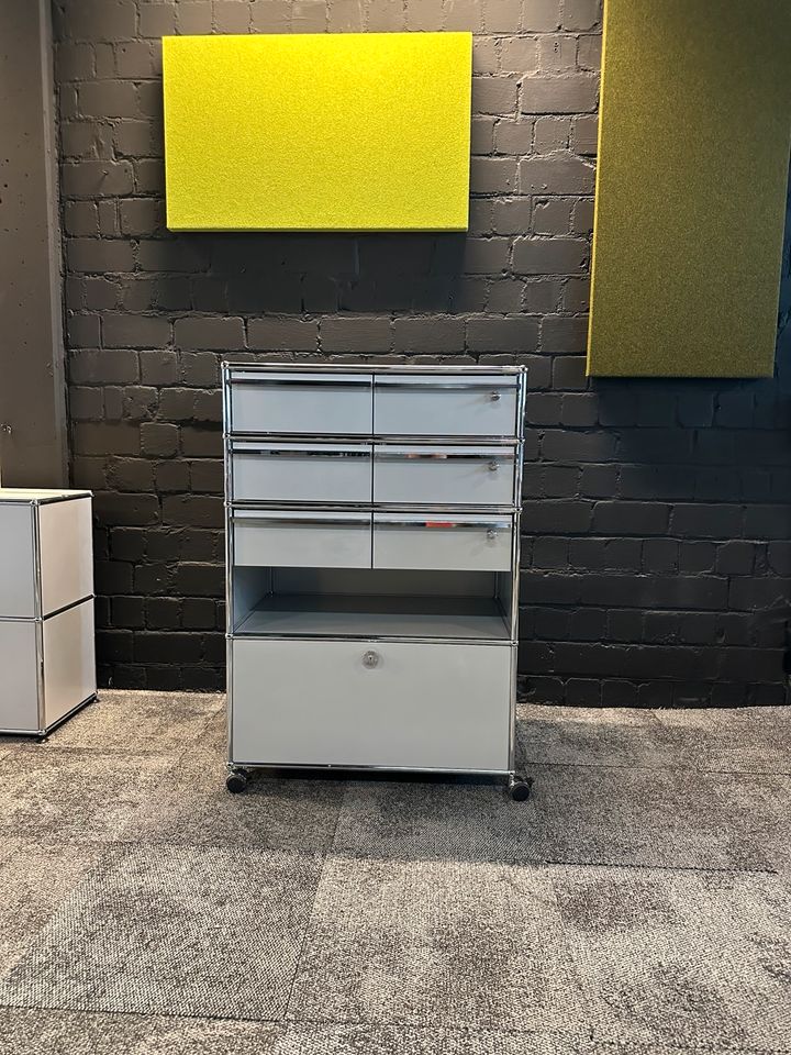 Sideboard Mattsilber auf Rollen, Klappe + 6 Schubladen, 75×114 cm