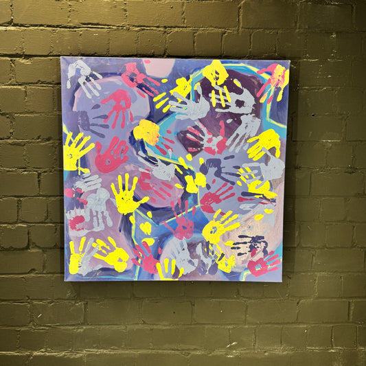 Krebs Illustration Gemälde Handabdrücke Violett/Blau, 100 × 100 cm