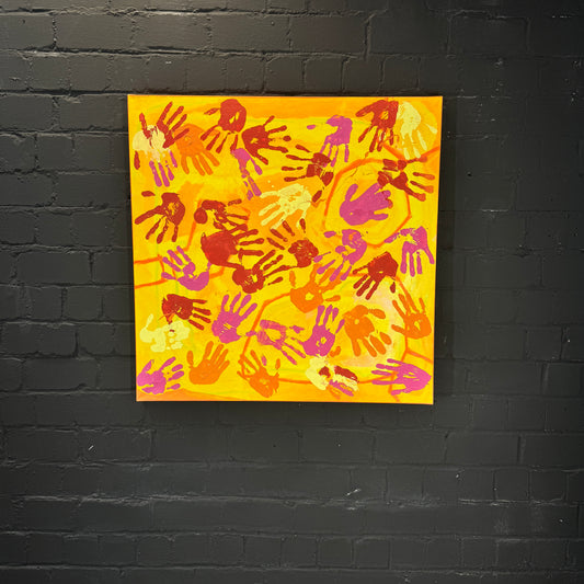 Krebs Illustration Gemälde Handabdrücke Gelb/Orange, 100 × 100 cm