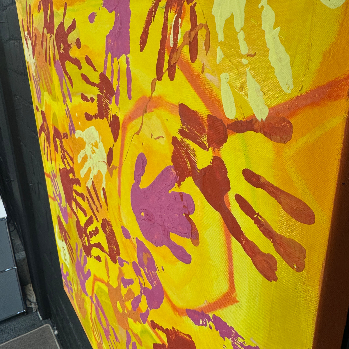 Krebs Illustration Gemälde Handabdrücke Gelb/Orange, 100 × 100 cm