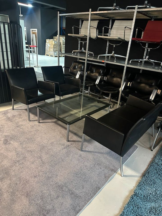 Design-Set: Sofa, Sessel & Glastisch