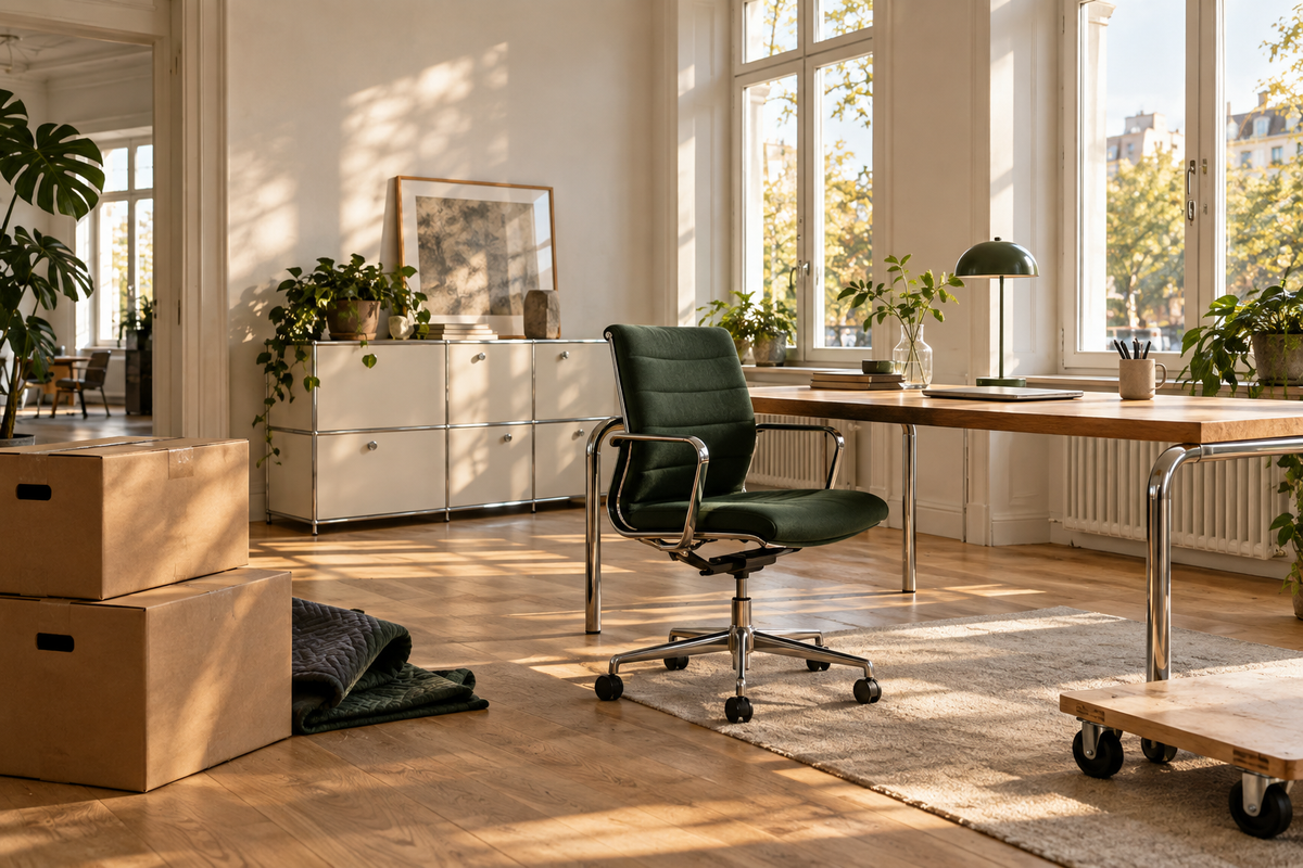 Sonniges Büro mit grünem Bürostuhl, Designmöbeln und Umzugskartons